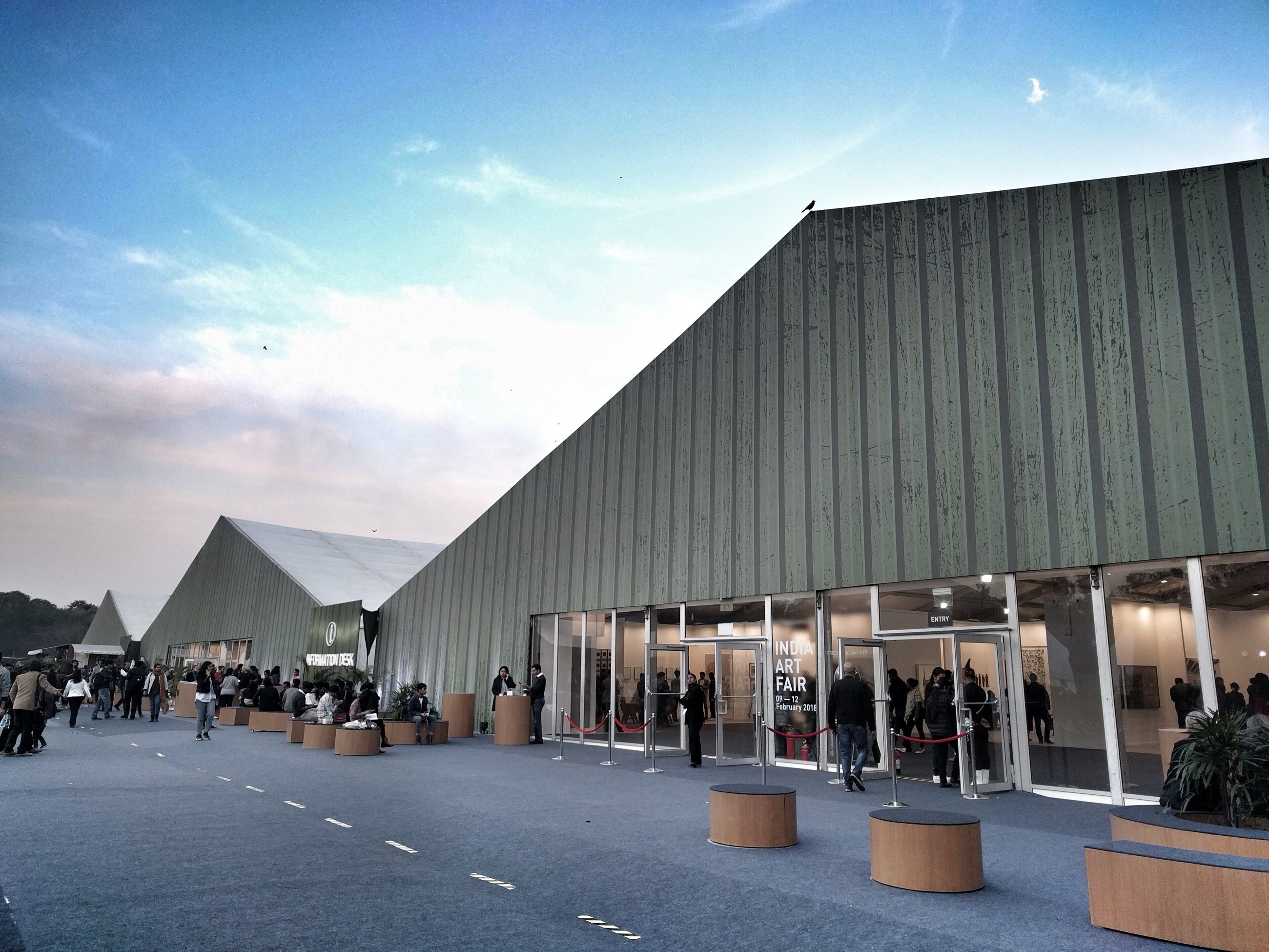 Exhibition tents at India Art Fair in New Delhi at dusk